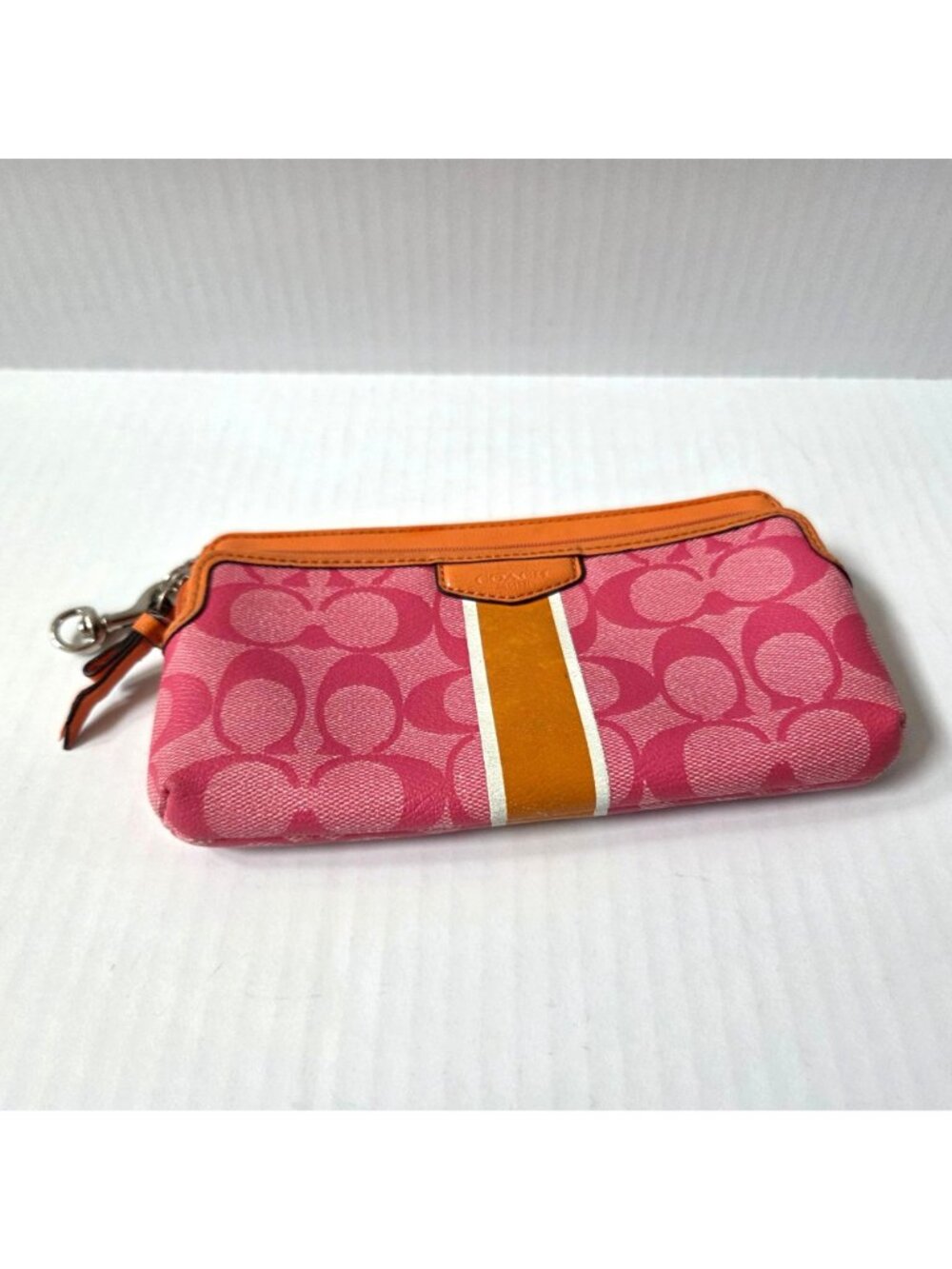 Coach Wallet Pink Orange Signature Stripe Coated Canvas Double Zip Wristlet - Picture 2 of 12